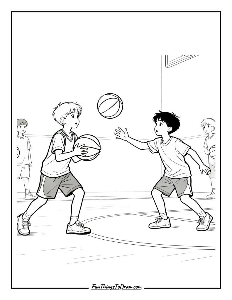 Basketball kids practicing passes
