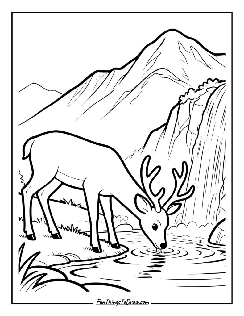Deer drinks from a mountain waterfall
