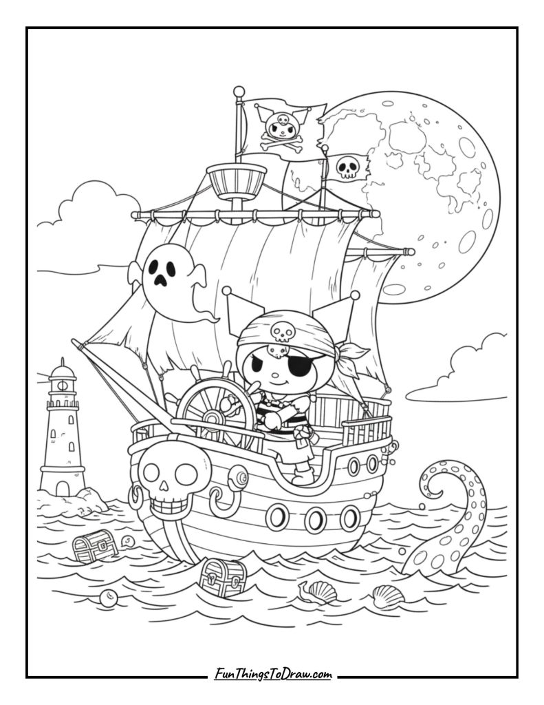 Kuromi as a pirate on a spooky ship