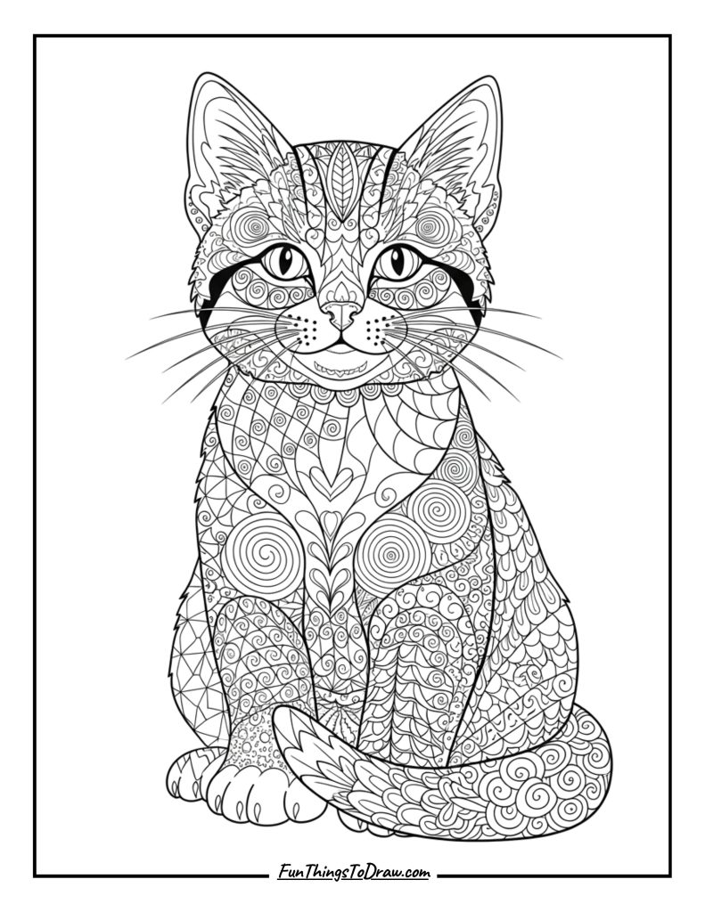 Zentangle style kitten with intricate patterns