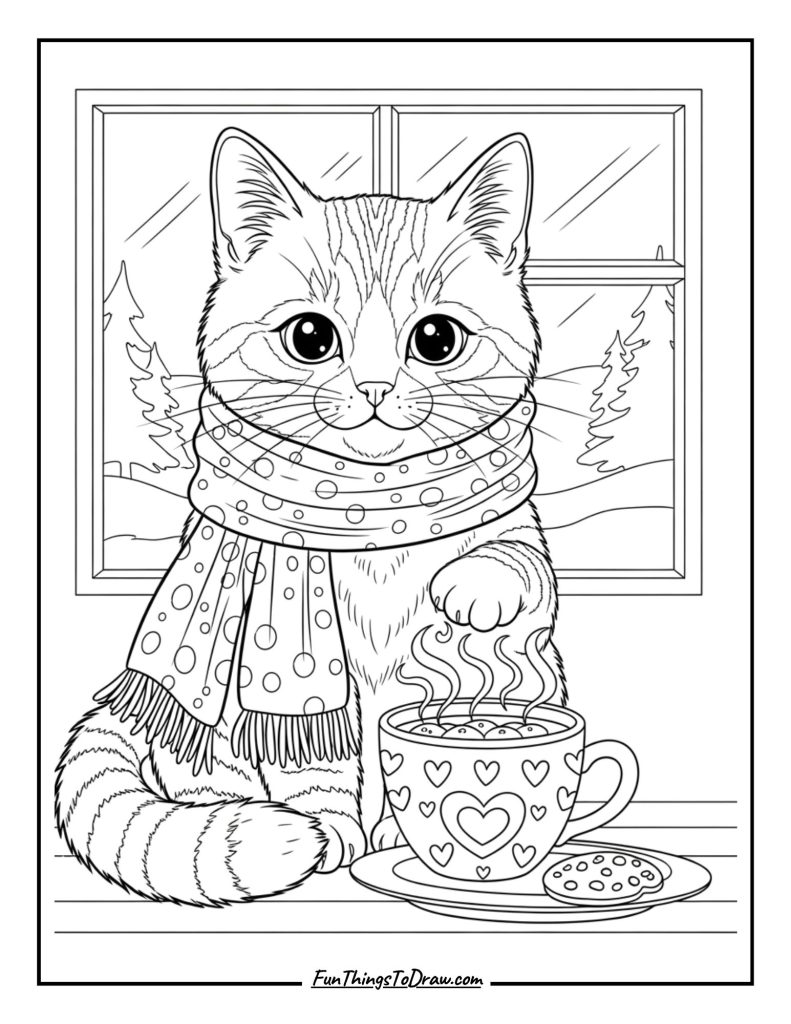 Cat wearing a scarf and sitting beside a mug of cocoa