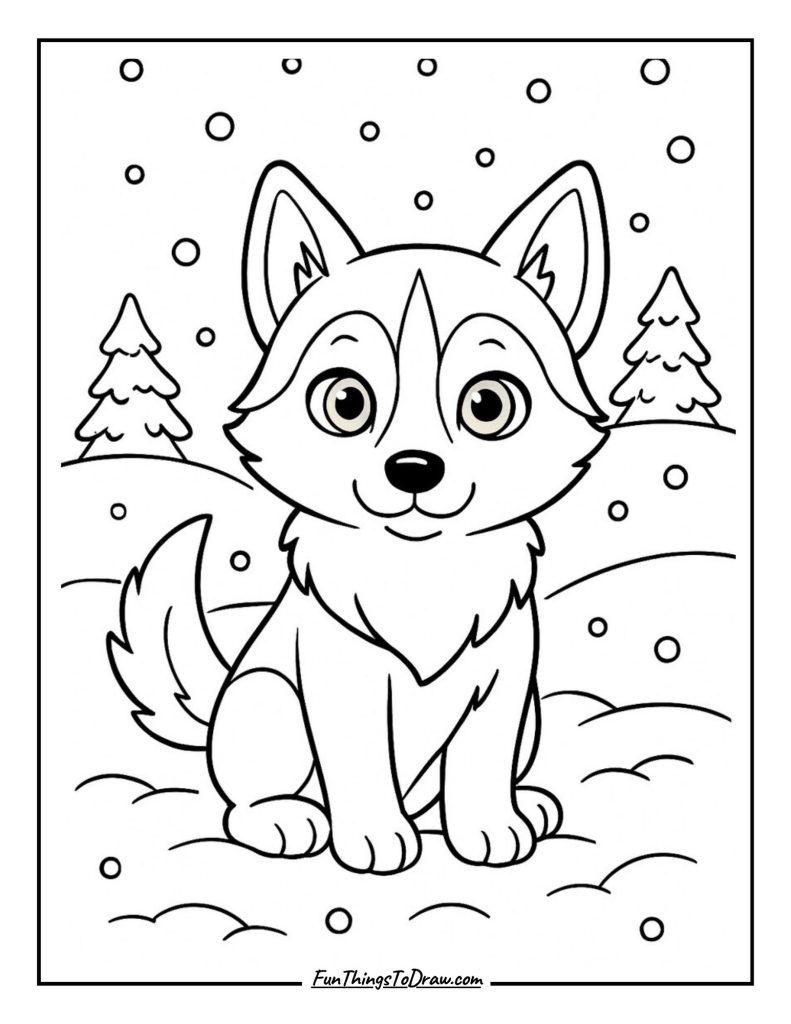 Husky puppy with piercing blue eyes in snowy landscape