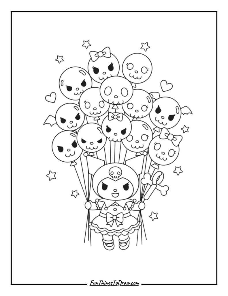 Kuromi surrounded by floating skull balloons