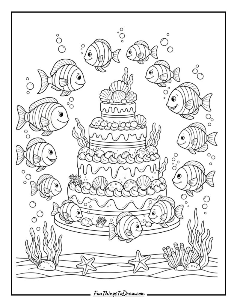  Smiling fishes circling a sea-themed frosted delight