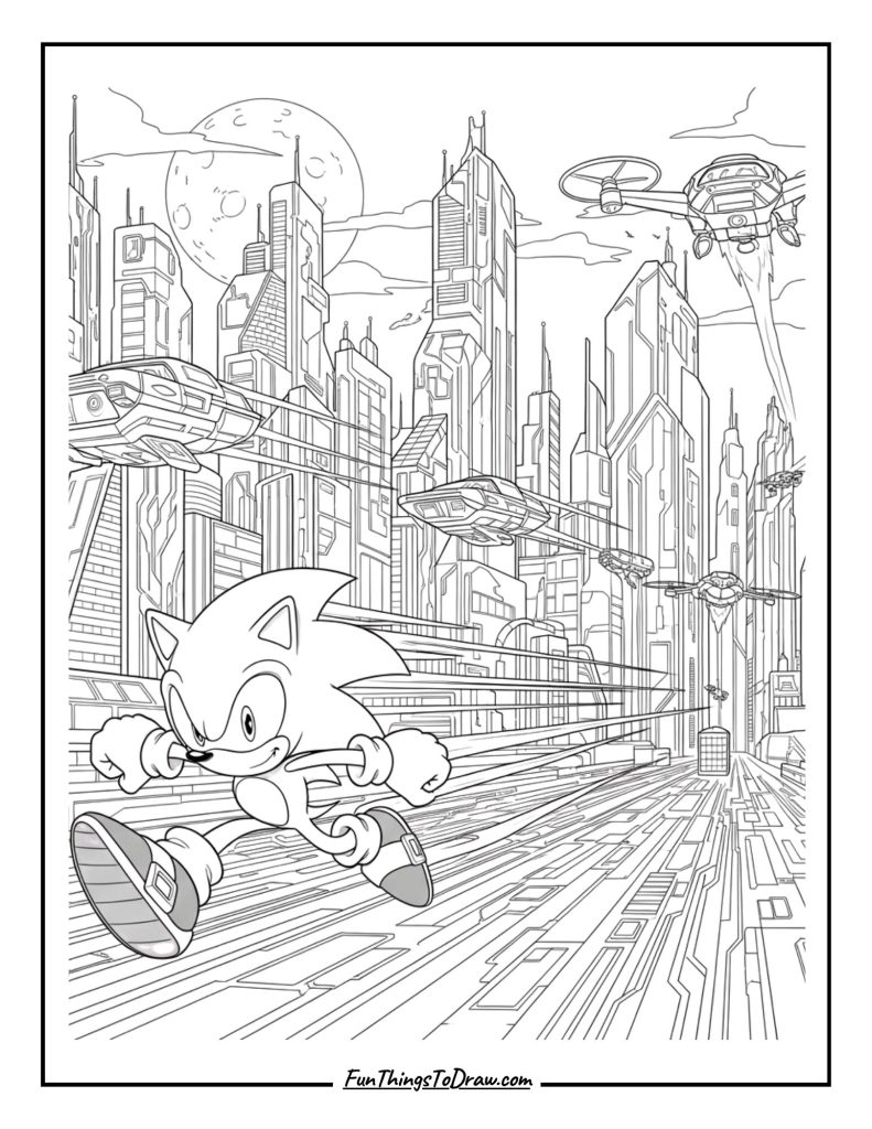 Sonic running through a futuristic cyber city at night