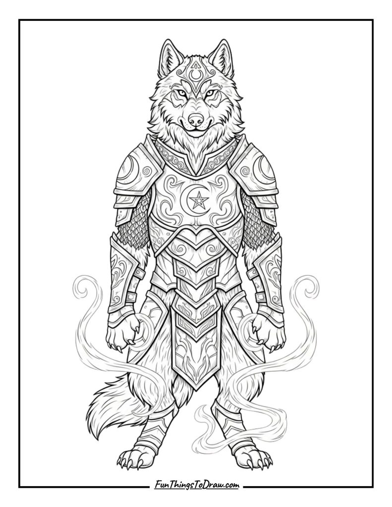 Wolf guardian with armor and mystical symbols