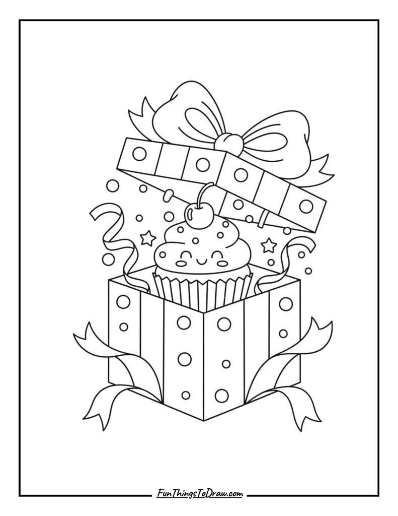 A cupcake peeking out from a holiday gift box