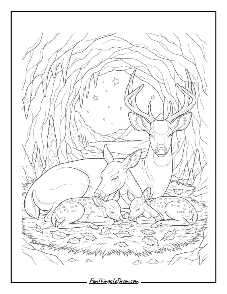 Deer family sleeps in a cave shelter
