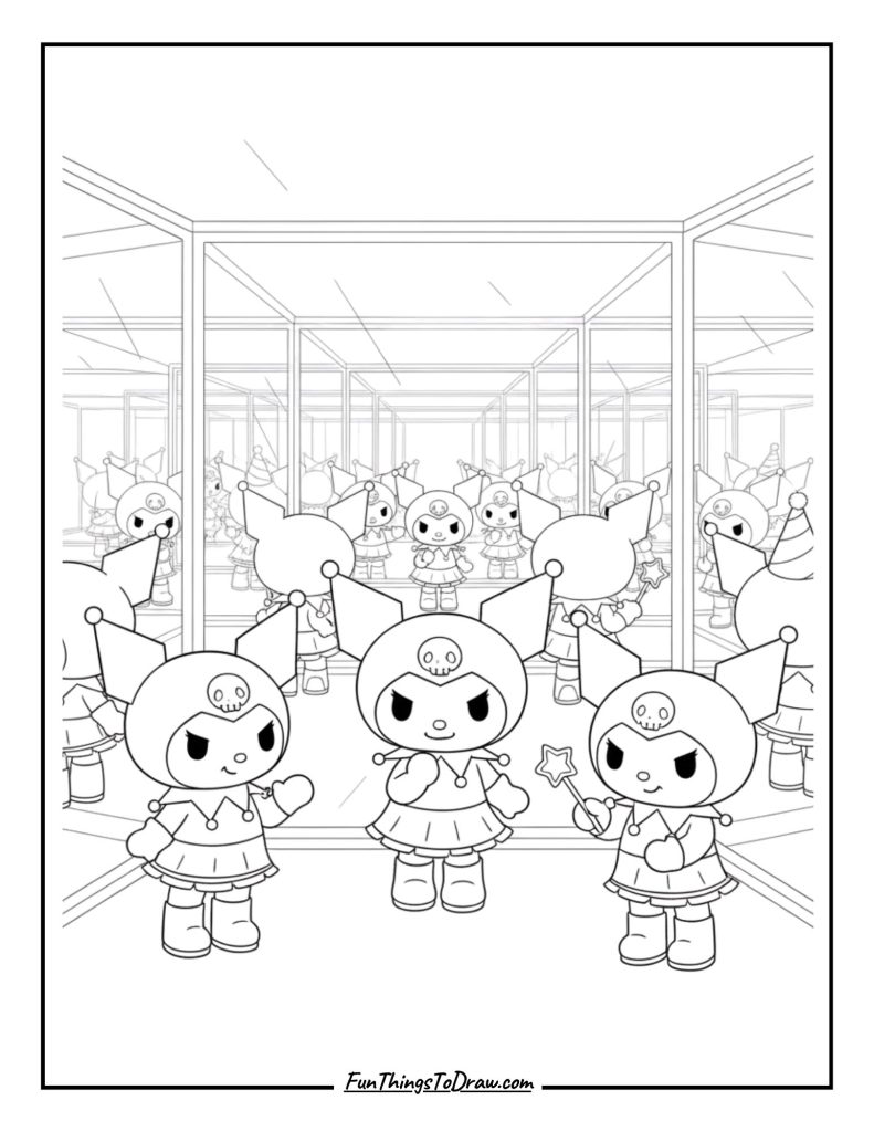 Kuromi in a mirror room with multiple reflections
