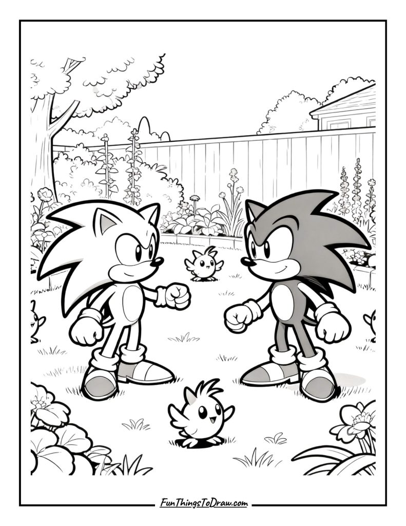 Sonic with Chao creatures playing in a garden