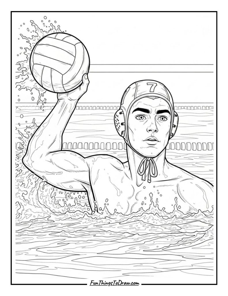 Water polo player with a ball