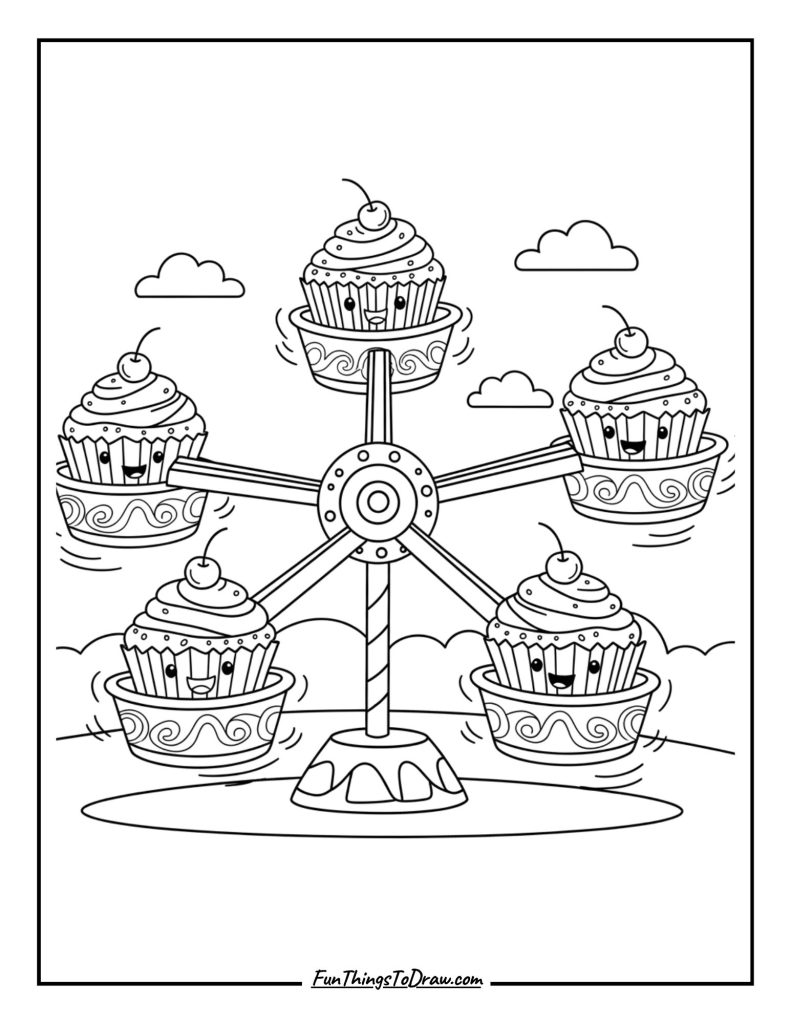A carnival ride spinning happily with cupcakes in each cart