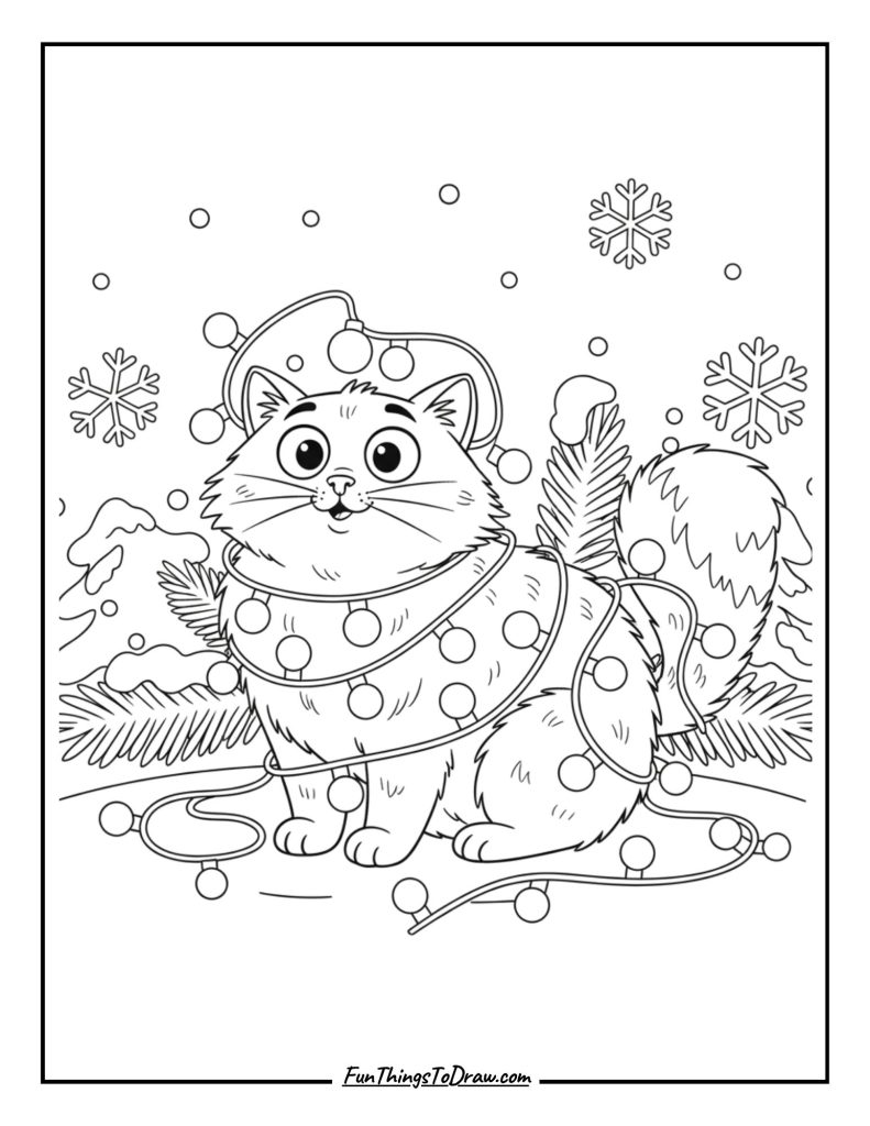  A funny cat tangled in fairy lights during winter