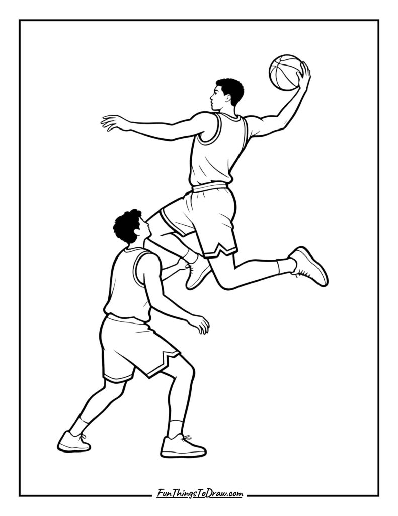 Basketball player jumping over defender