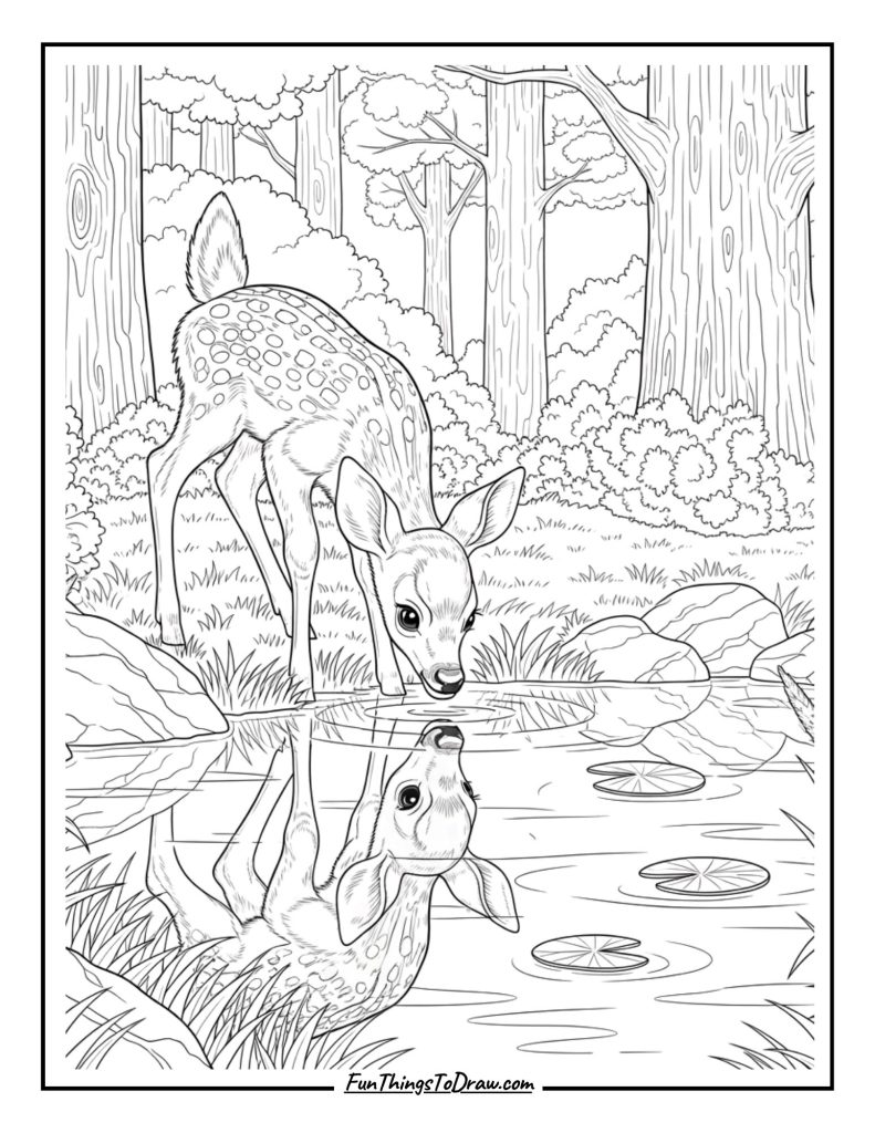 Fawn discovers its reflection in water