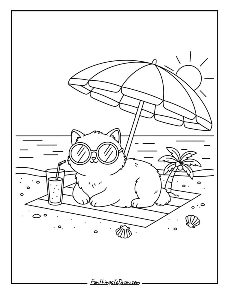 Cat wearing sunglasses relaxing under a beach umbrella
