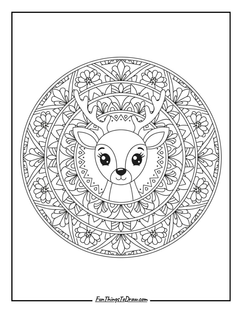 Geometric mandala surrounds a deer head