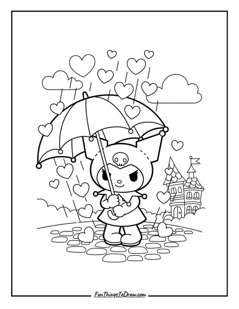Kuromi holding an umbrella in a rain of hearts
