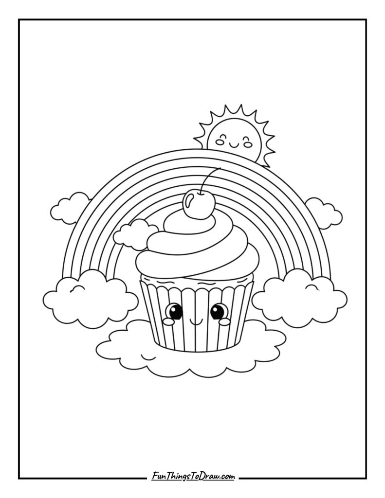 A rainbow bridge arched behind a frosted cupcake