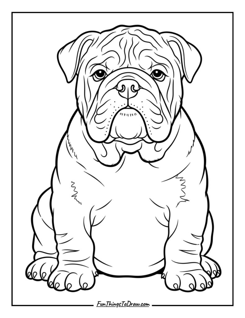 Bulldog pup sitting with a stocky sturdy body