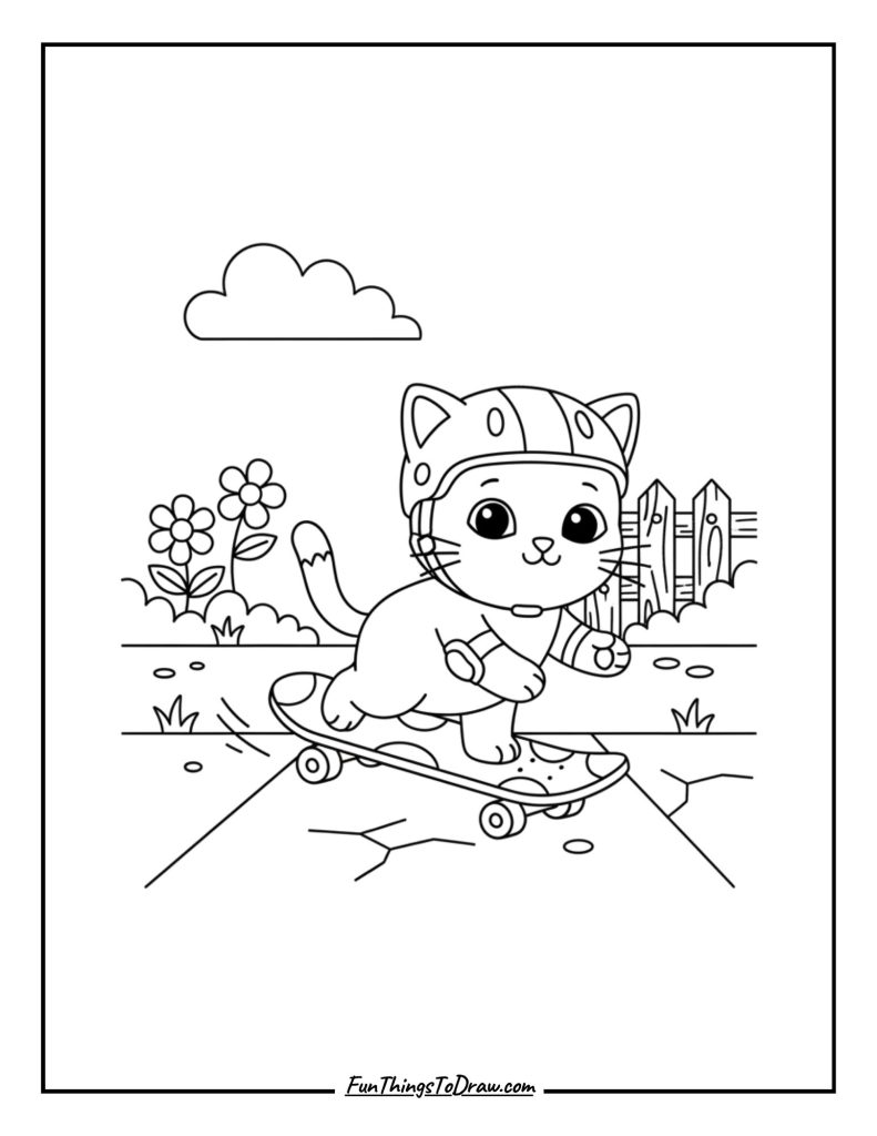 Cat riding a skateboard down the sidewalk