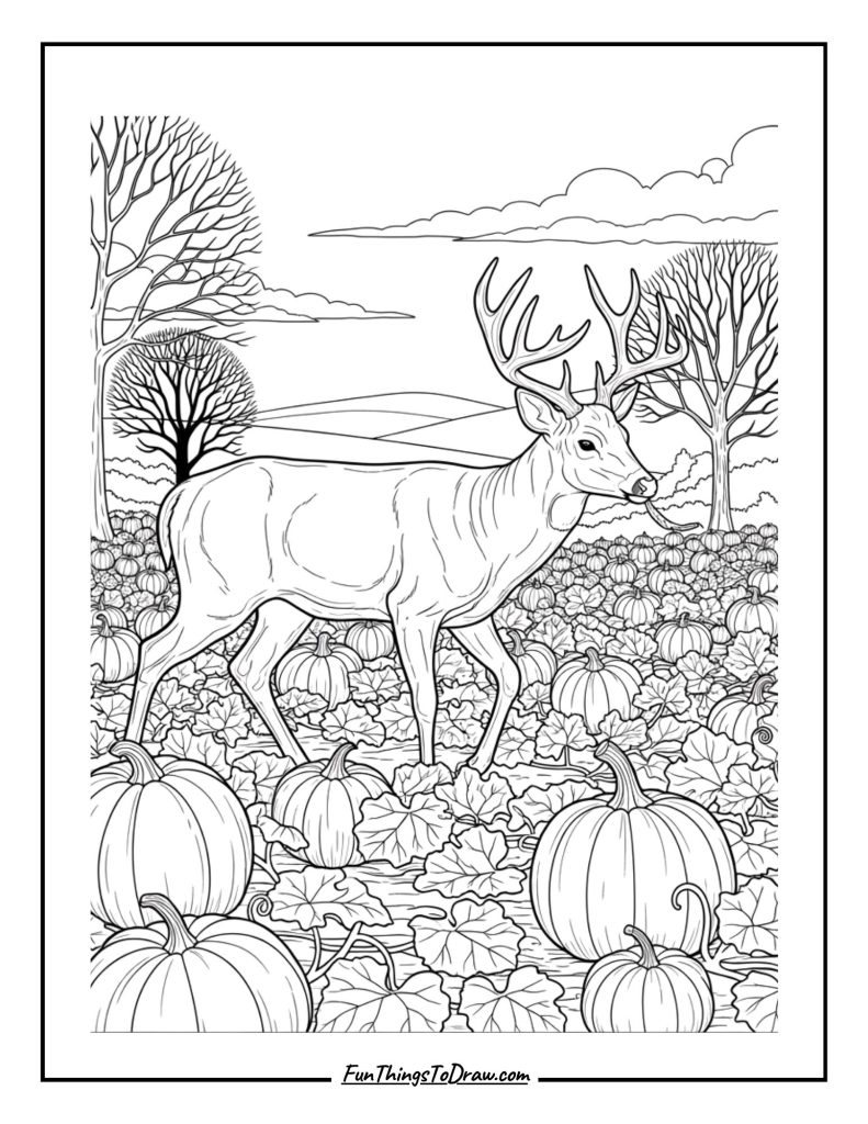 Deer walks through a pumpkin patch