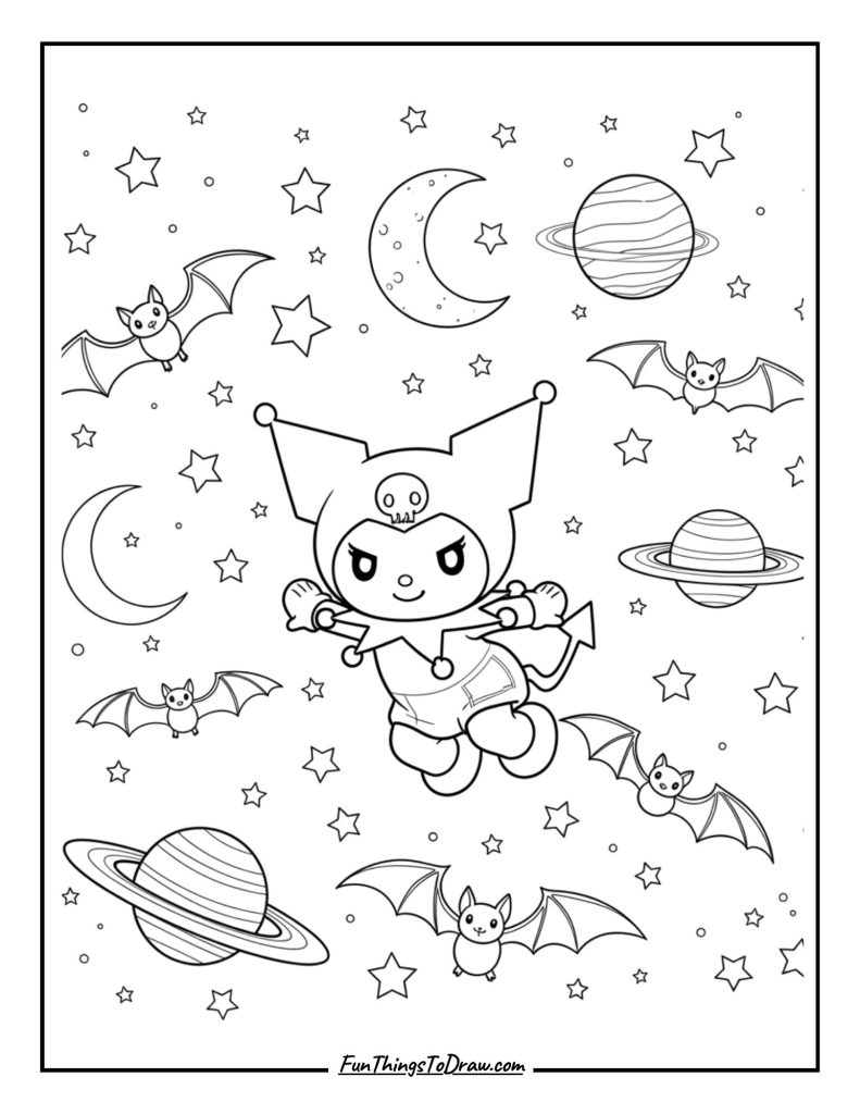 Kuromi in space with stars, planets, and bats