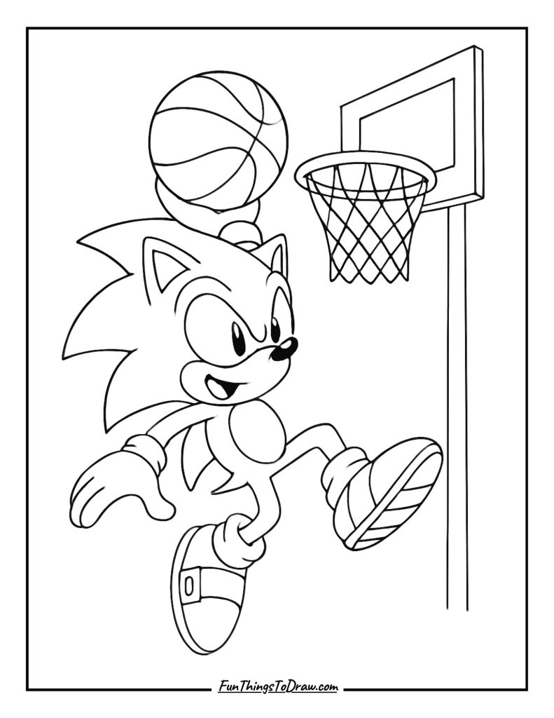 Sonic playing basketball and dunking
