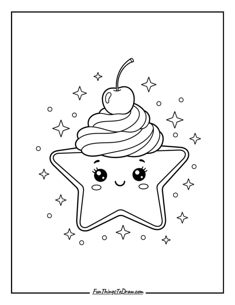 A cupcake shaped like a star surrounded by twinkles