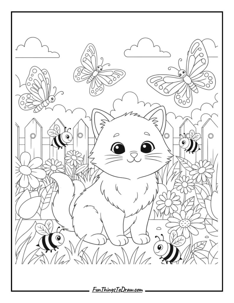 A garden cat surrounded by butterflies and bees