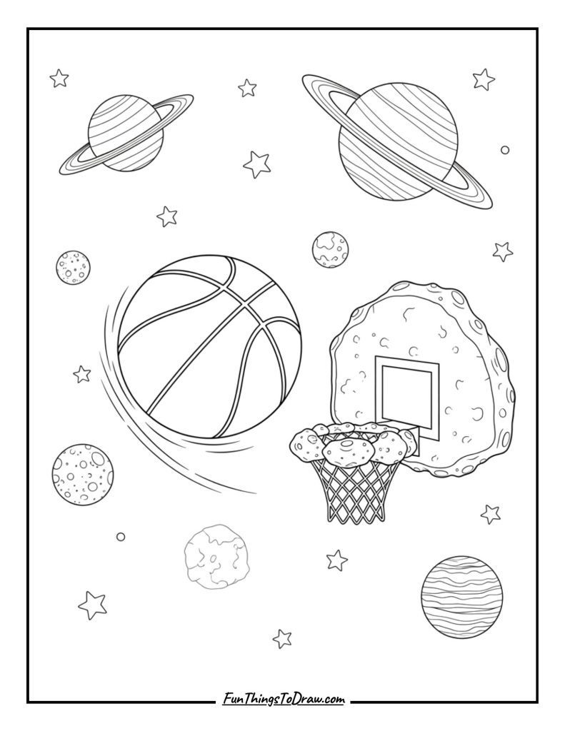 Basketball in outer space planet hoop