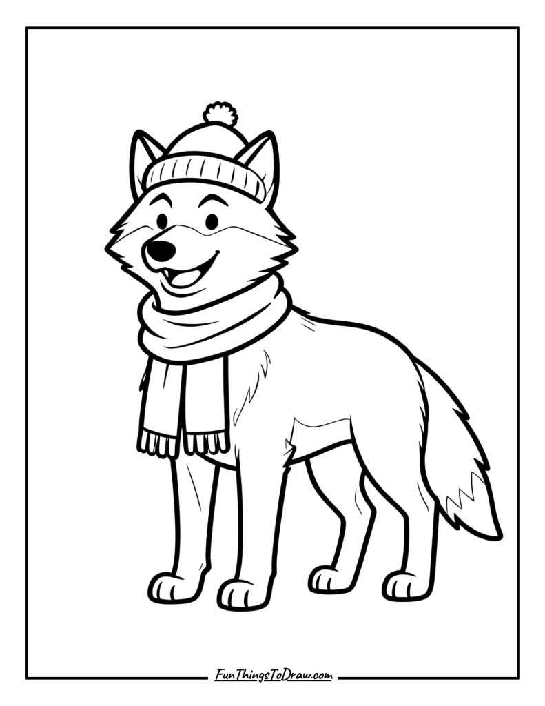 Friendly wolf wearing a scarf and hat
