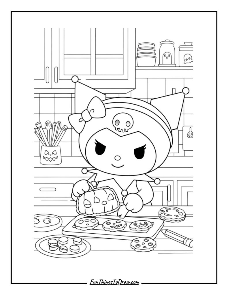 Kuromi baking spooky cookies in a dark kitchen