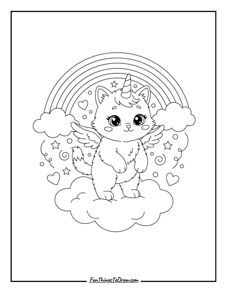 Unicorn kitten with horn and rainbow