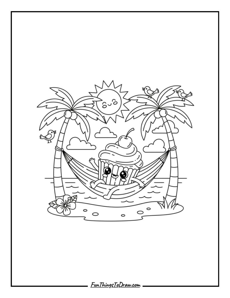 A cupcake relaxing on a hammock under palm trees