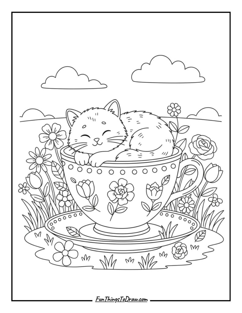 Cat resting inside a teacup surrounded by flowers