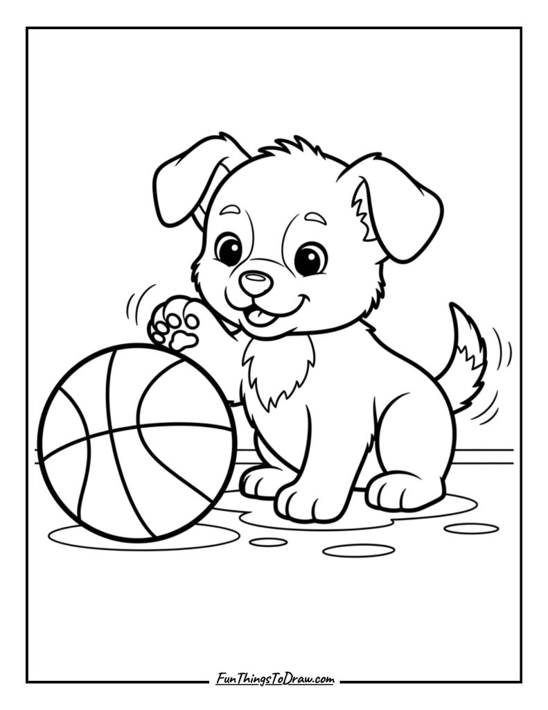Cute puppy playing with basketball