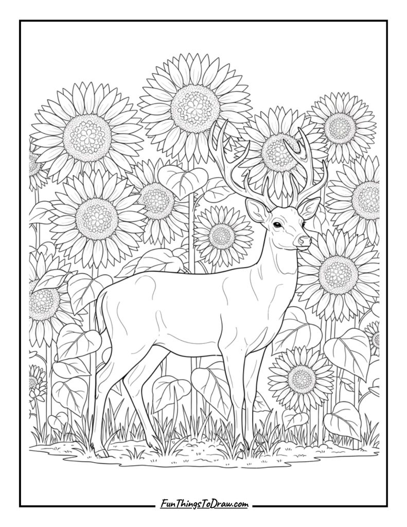 Deer stands in a field of sunflowers