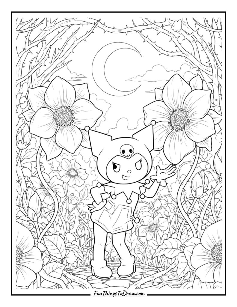 Kuromi in a gothic garden full of thorns and moonflowers