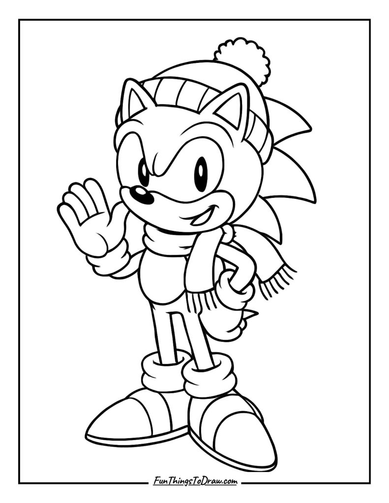 Sonic dressed in winter clothes with scarf and hat