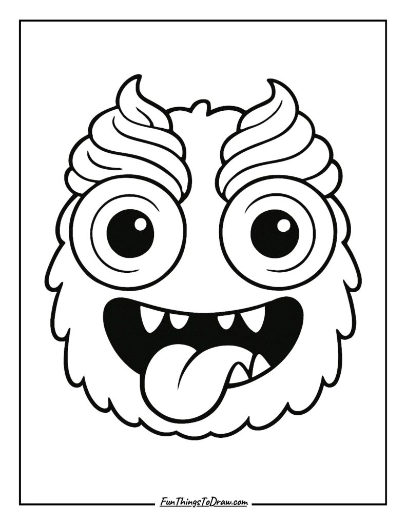 A silly monster face with big eyes made of frosting swirls