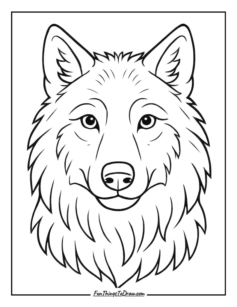 Close-up portrait of wolf face with detailed fur