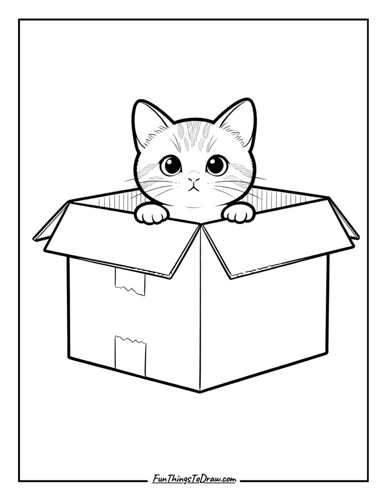 Curious kitten peeking out of a cardboard box