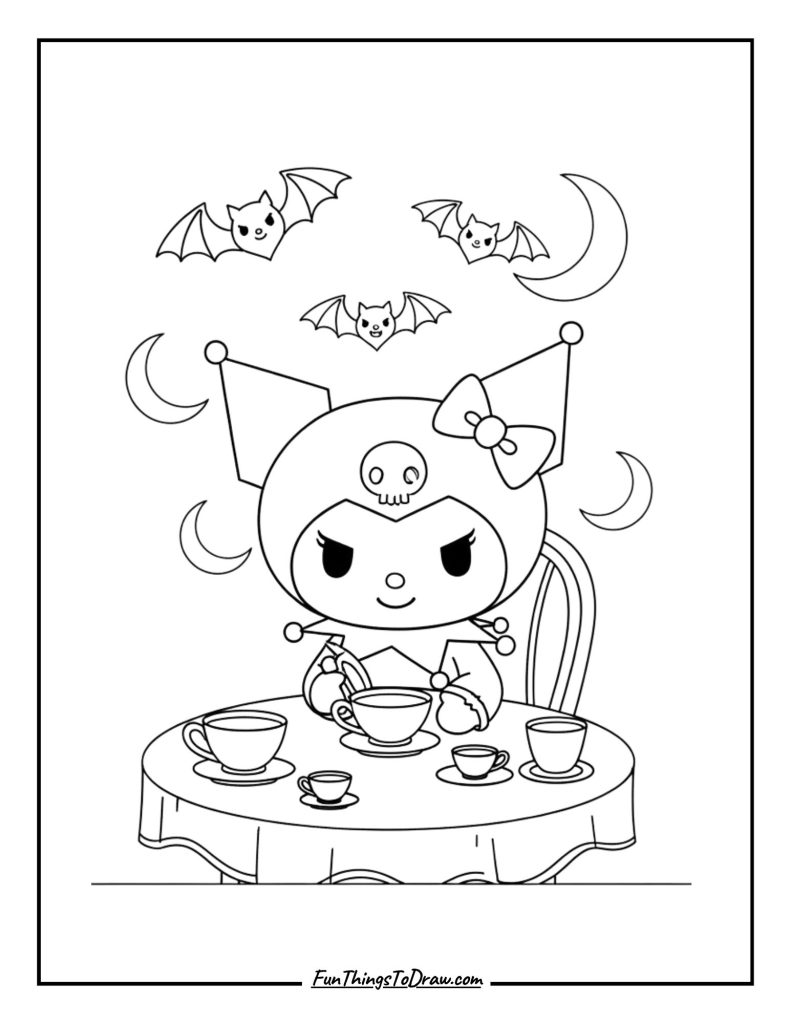 Kuromi having a tea party with bats and moons