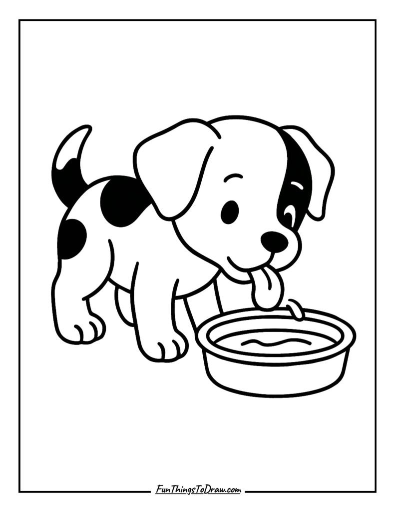 Little dog lapping up fresh water from a shiny bowl