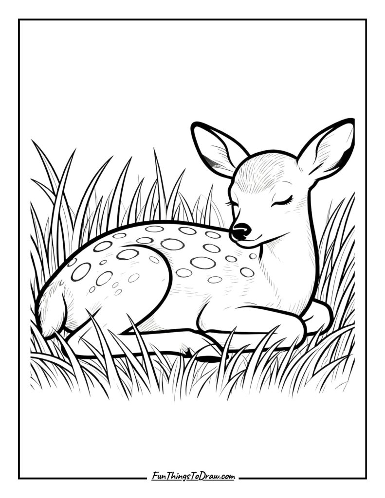 Spotted fawn rests in tall grass