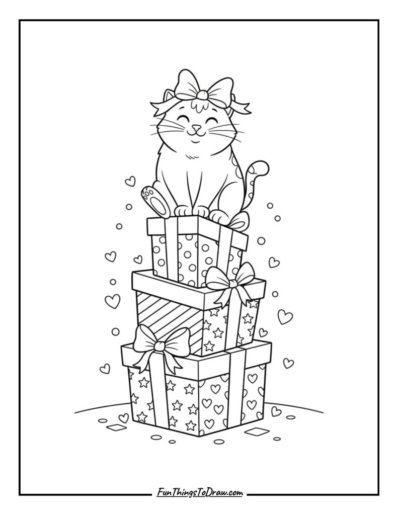 Cat sitting proudly atop a stack of gift boxes