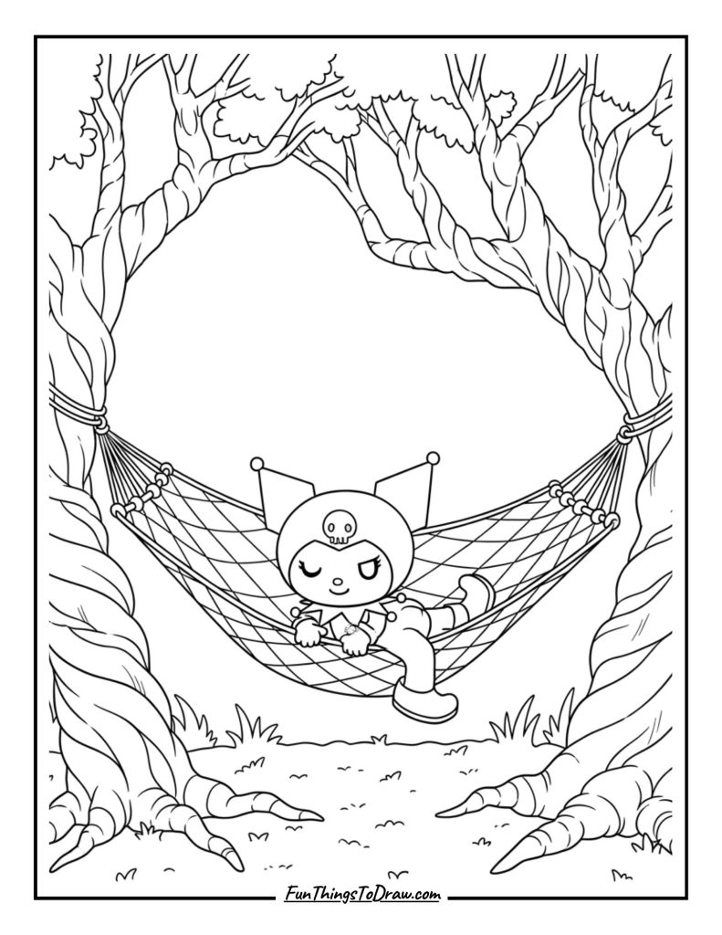 Kuromi relaxing in a hammock between twisted trees