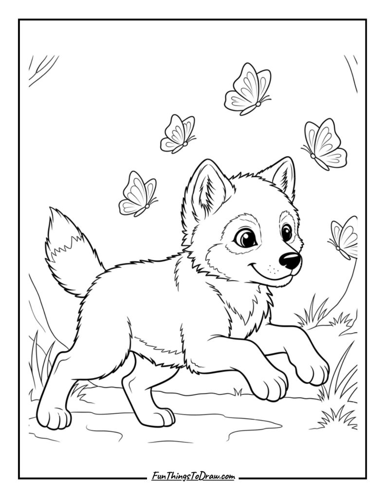 Wolf pup chasing butterflies