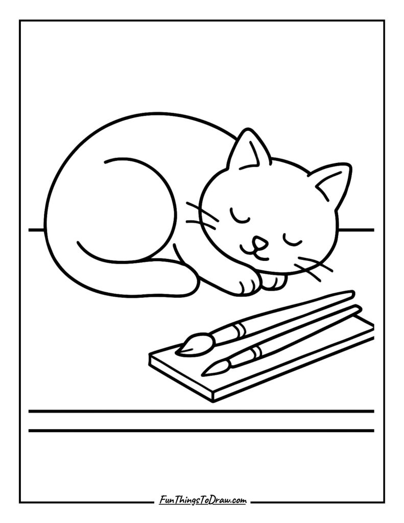 Cat curled up on an artist’s table beside paintbrushes